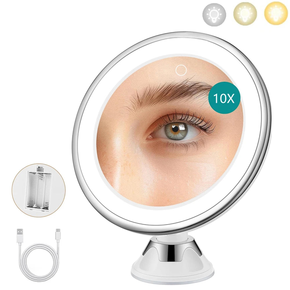 360° Portable 10X Magnifying Makeup Mirror with 3 Colors Lights