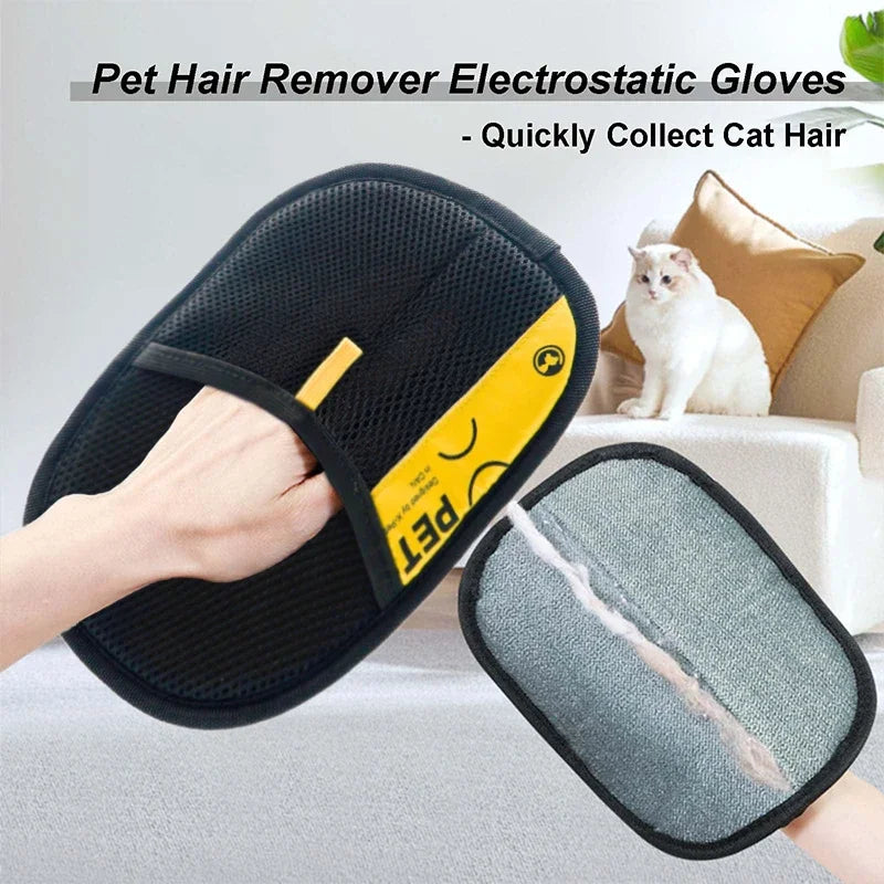 Pet Hair / Lint Remover Gloves Electrostatic for Cats Dogs with 2-in-1 Lint Roller Brush